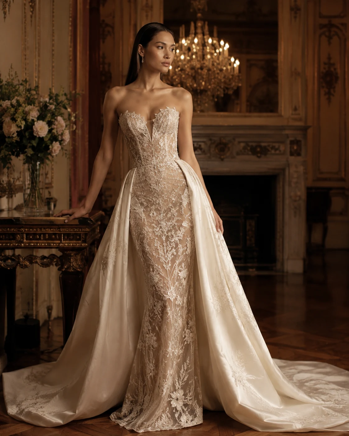 Embroidered bridal silhouette with a dramatic overskirt