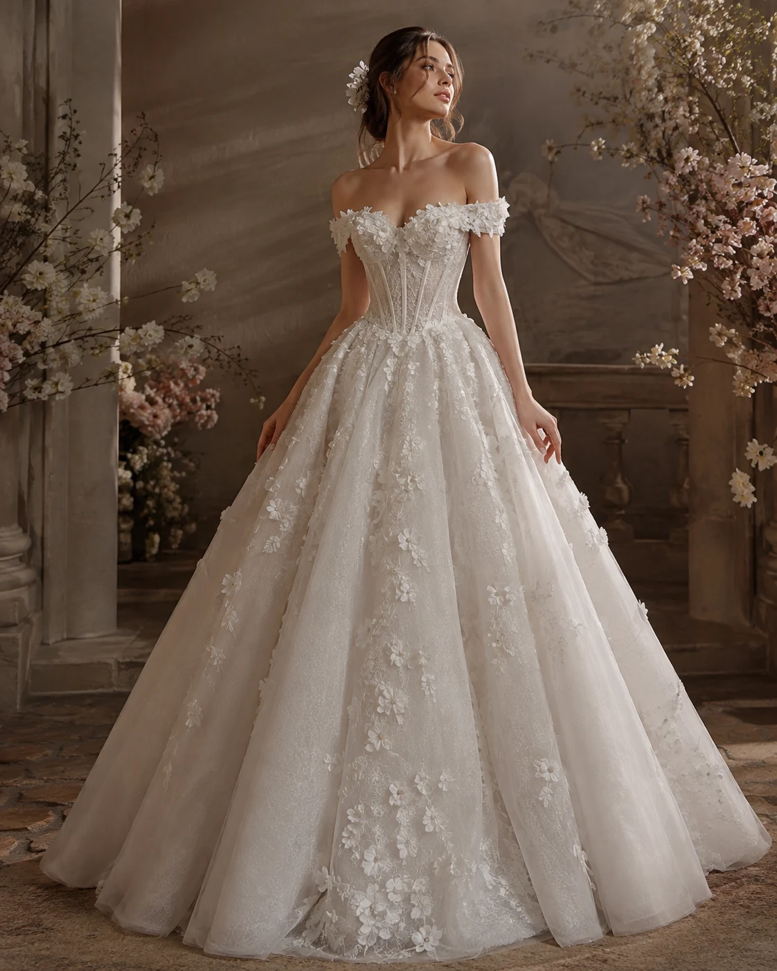 Floral lace off-shoulder bridal silhouette