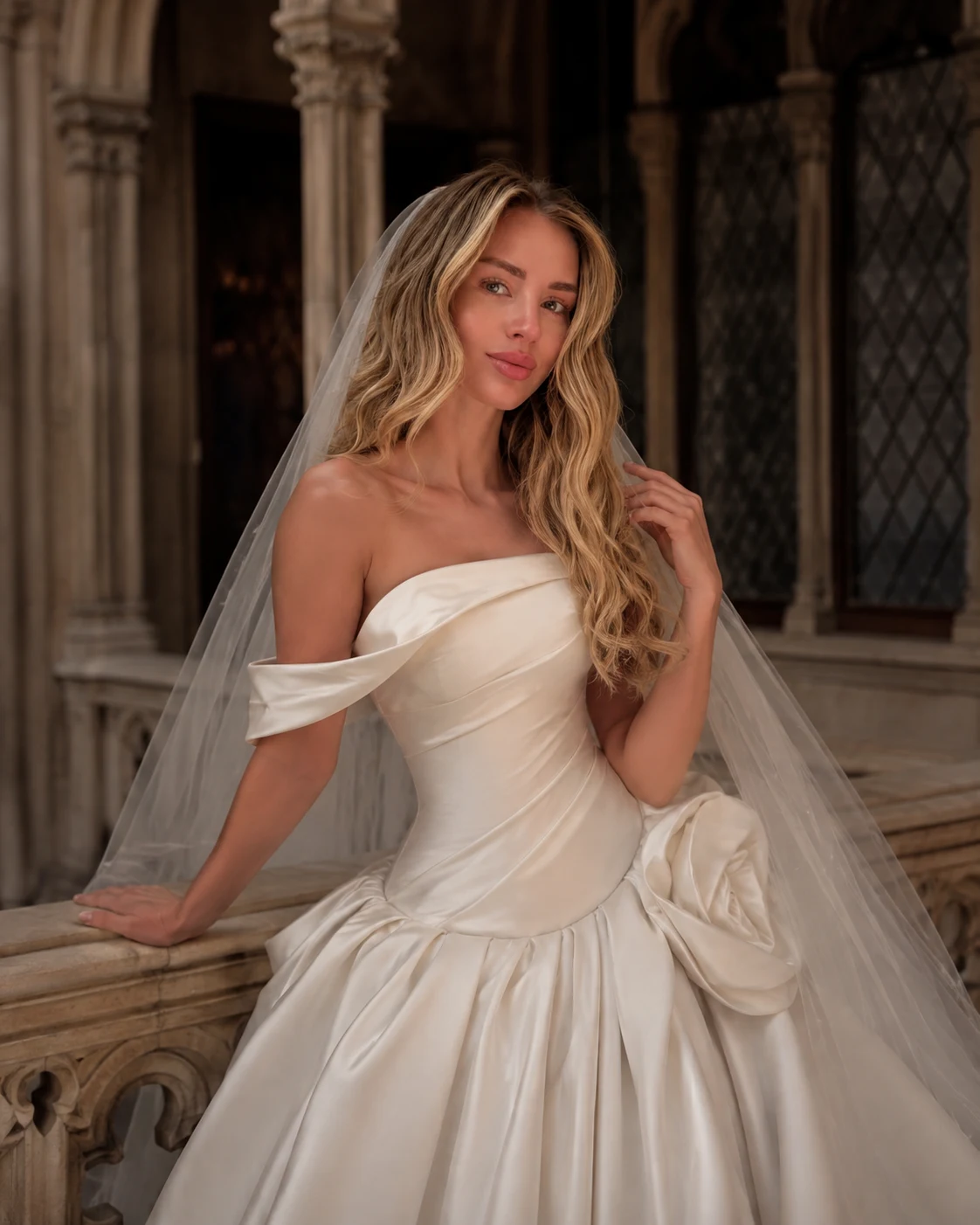Julia Rose Mitchell in an ivory bridal gown and veil